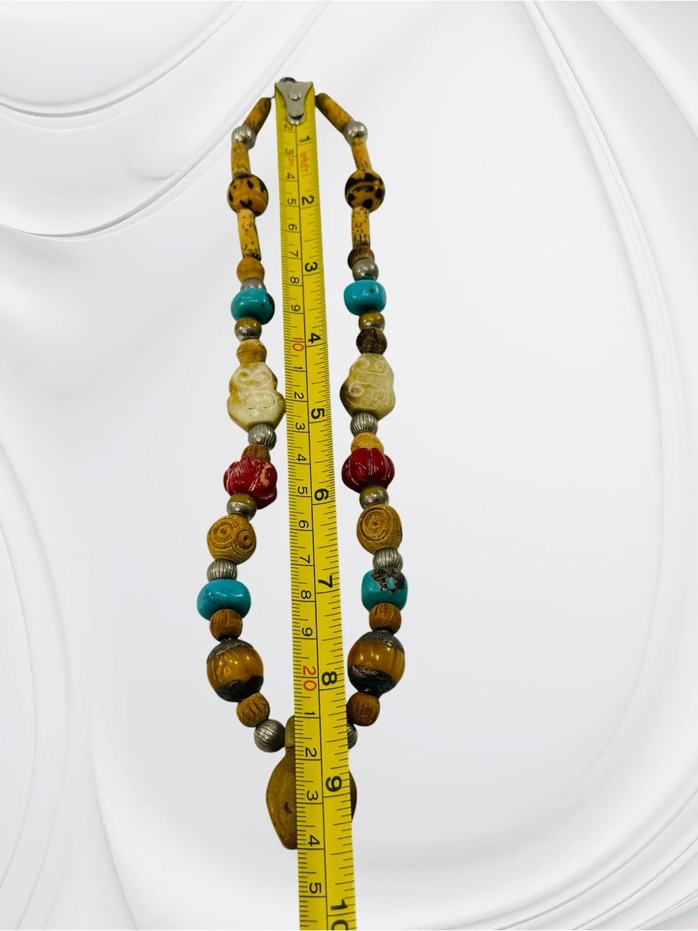 Tibetan Style Wood Stone Pendant Bead Necklace 18” Boho Dangle Red Turquoise